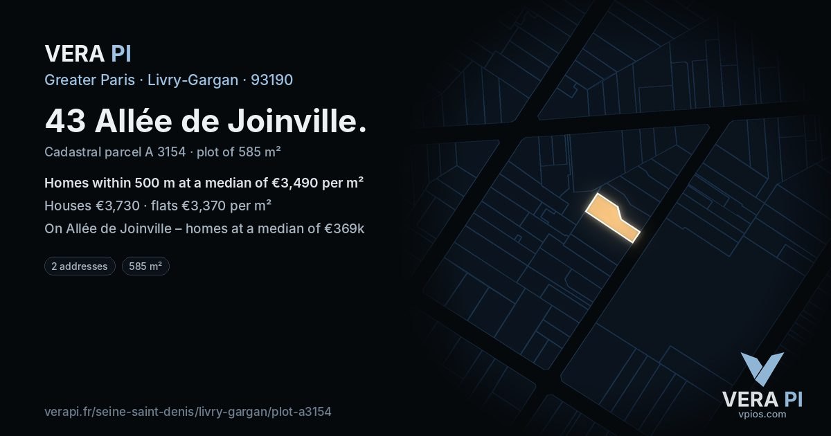 43 Allée de Joinville, Livry-Gargan at night – the plot lit, the parcels around coloured by the prices near them
