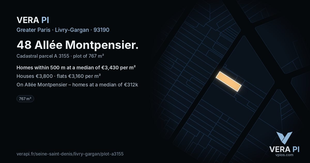 48 Allée Montpensier, Livry-Gargan at night – the plot lit, the parcels around coloured by the prices near them
