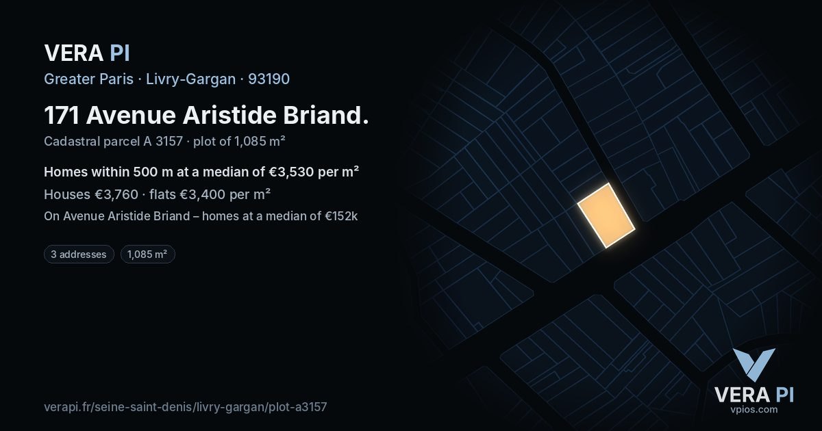 171 Avenue Aristide Briand, Livry-Gargan at night – the plot lit, the parcels around coloured by the prices near them