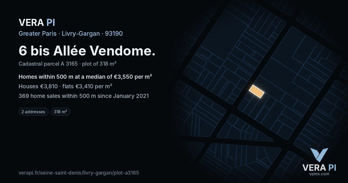 6 bis Allée Vendome, Livry-Gargan at night – the plot lit, the parcels around coloured by the prices near them