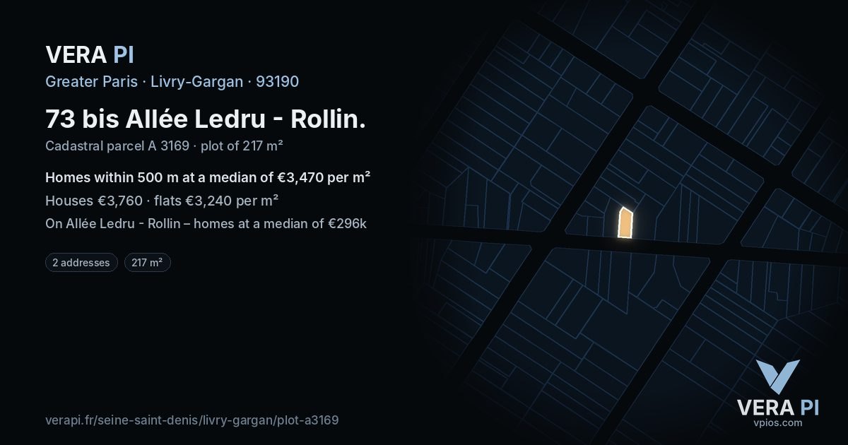 73 bis Allée Ledru - Rollin, Livry-Gargan at night – the plot lit, the parcels around coloured by the prices near them