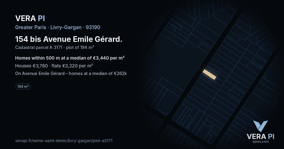 154 bis Avenue Emile Gérard, Livry-Gargan at night – the plot lit, the parcels around coloured by the prices near them