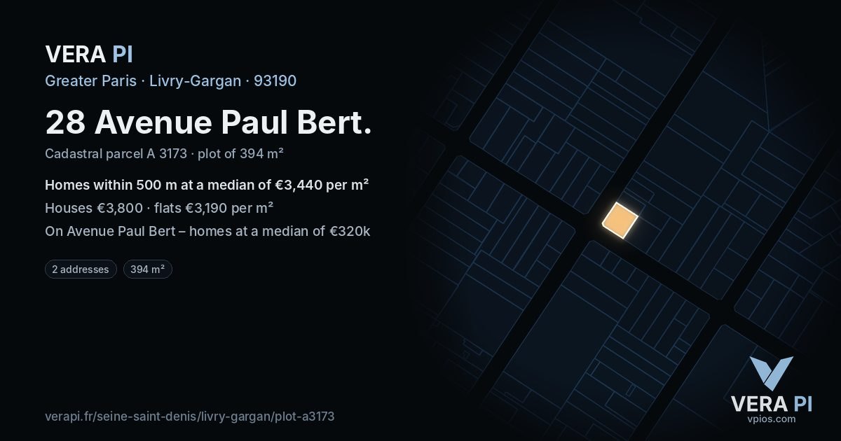 28 Avenue Paul Bert, Livry-Gargan at night – the plot lit, the parcels around coloured by the prices near them