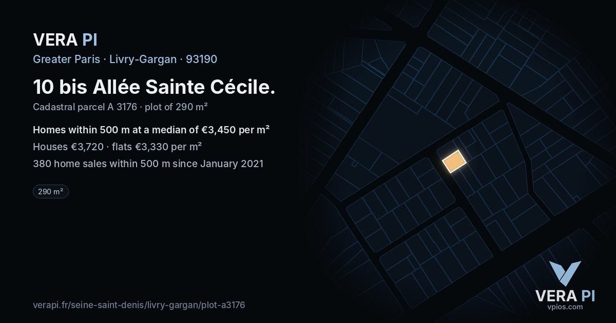 10 bis Allée Sainte Cécile, Livry-Gargan at night – the plot lit, the parcels around coloured by the prices near them