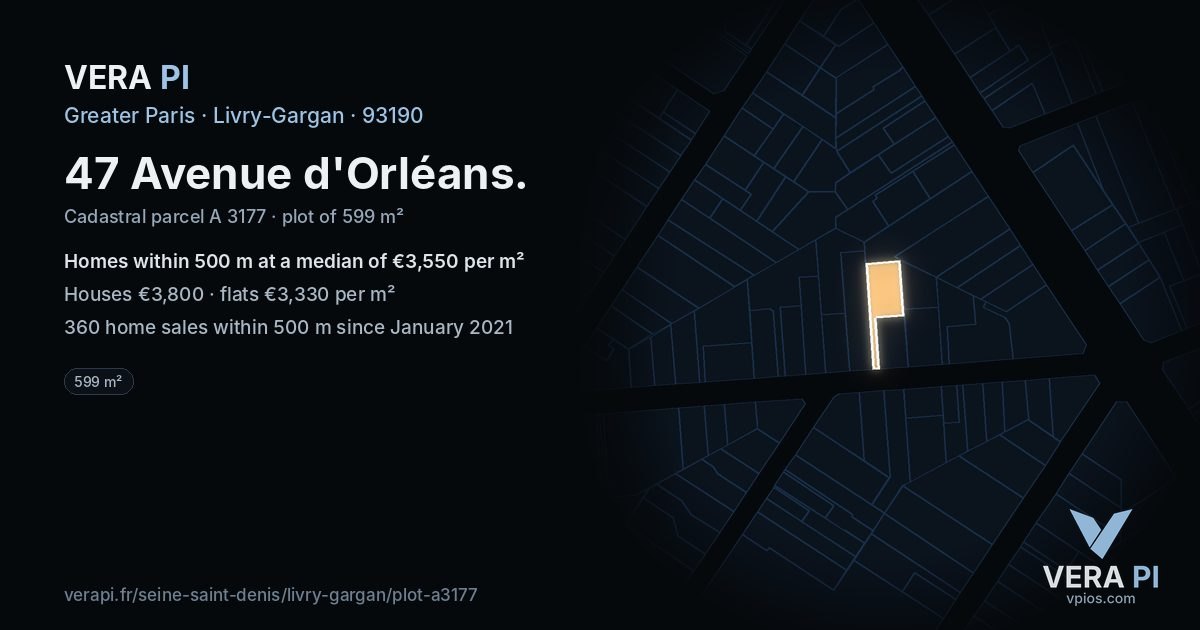 47 Avenue d'Orléans, Livry-Gargan at night – the plot lit, the parcels around coloured by the prices near them