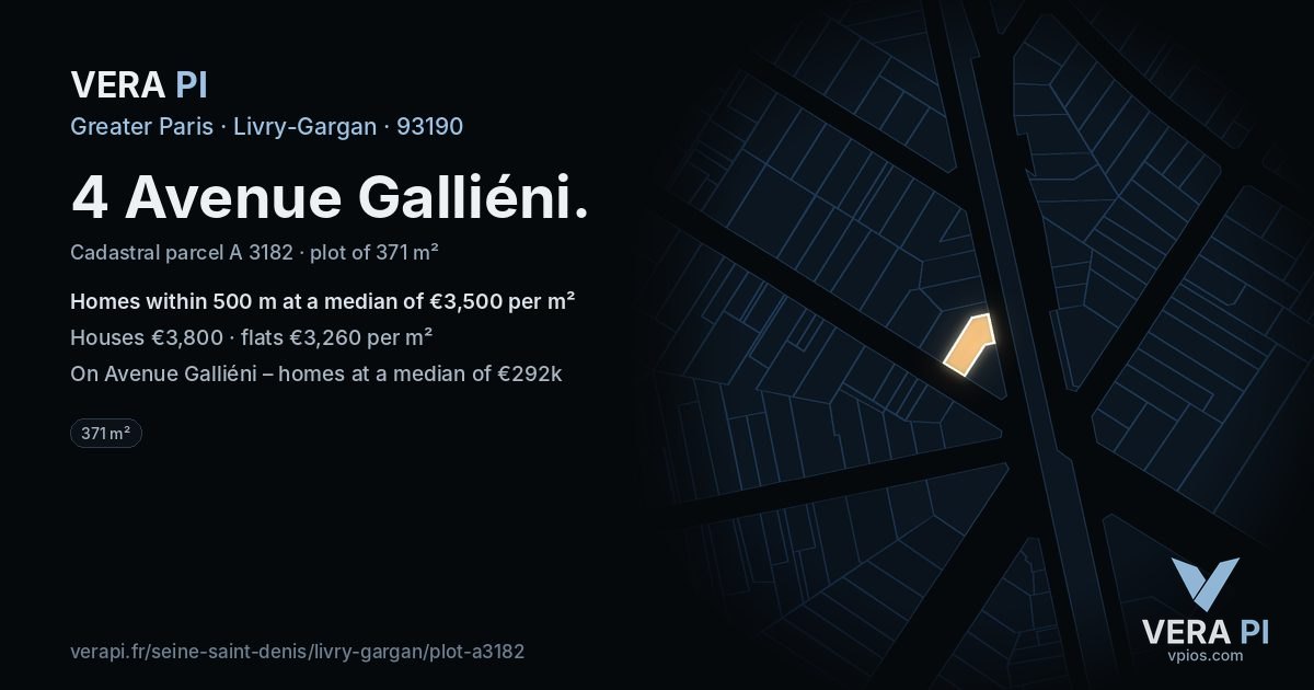 4 Avenue Galliéni, Livry-Gargan at night – the plot lit, the parcels around coloured by the prices near them