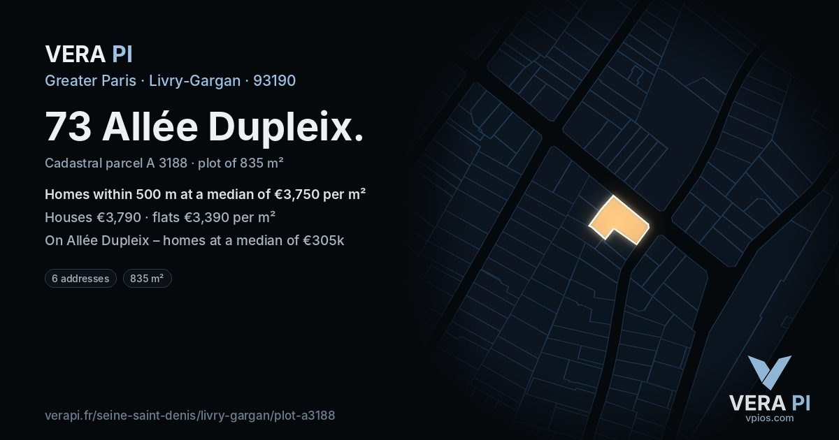 73 Allée Dupleix, Livry-Gargan at night – the plot lit, the parcels around coloured by the prices near them