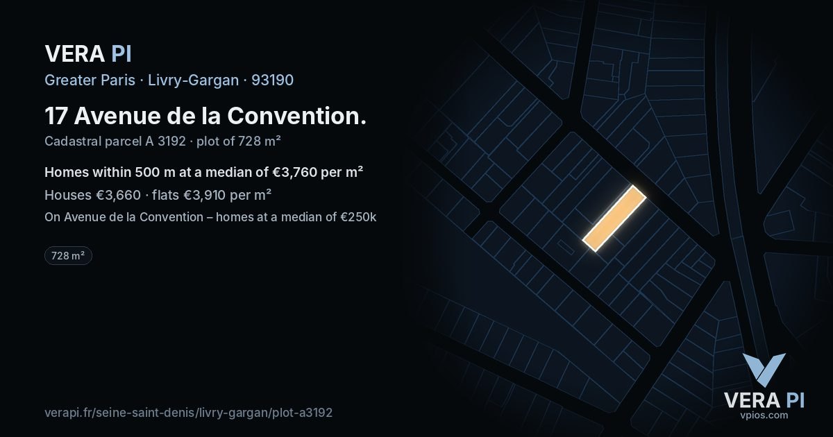 17 Avenue de la Convention, Livry-Gargan at night – the plot lit, the parcels around coloured by the prices near them