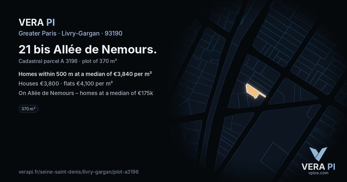 21 bis Allée de Nemours, Livry-Gargan at night – the plot lit, the parcels around coloured by the prices near them