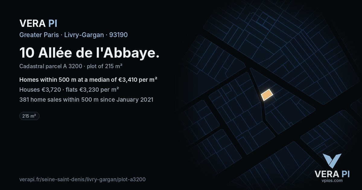 10 Allée de l'Abbaye, Livry-Gargan at night – the plot lit, the parcels around coloured by the prices near them