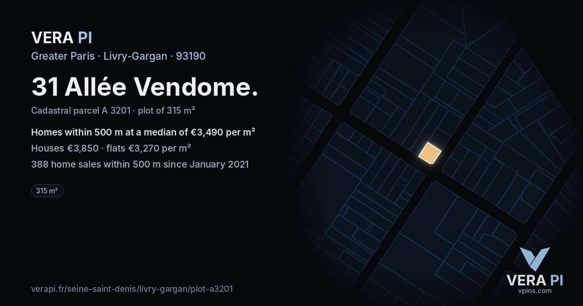 31 Allée Vendome, Livry-Gargan at night – the plot lit, the parcels around coloured by the prices near them