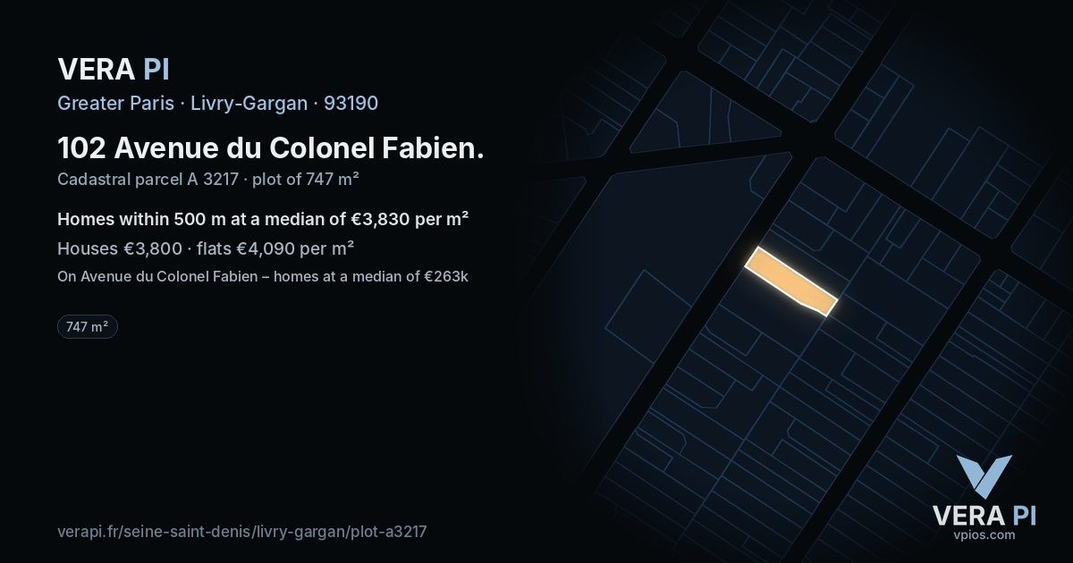 102 Avenue du Colonel Fabien, Livry-Gargan at night – the plot lit, the parcels around coloured by the prices near them