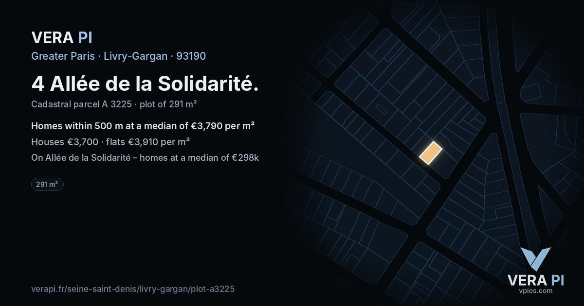 4 Allée de la Solidarité, Livry-Gargan at night – the plot lit, the parcels around coloured by the prices near them