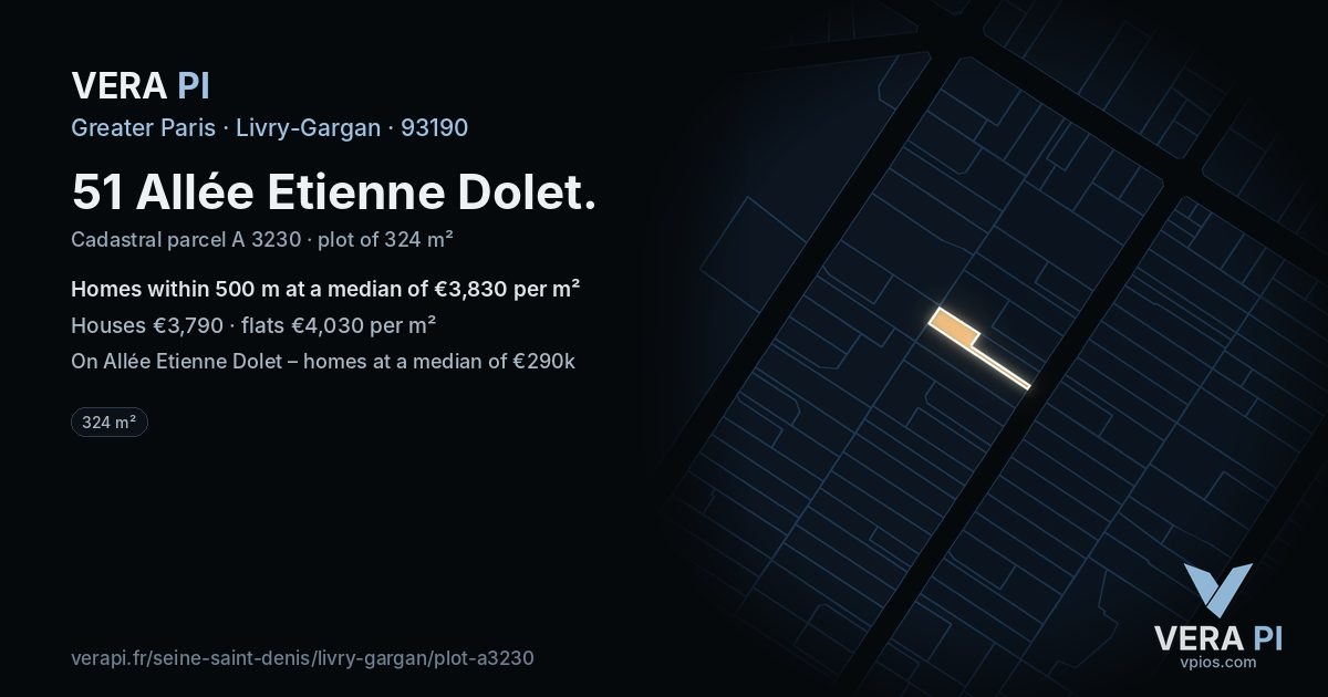 51 Allée Etienne Dolet, Livry-Gargan at night – the plot lit, the parcels around coloured by the prices near them