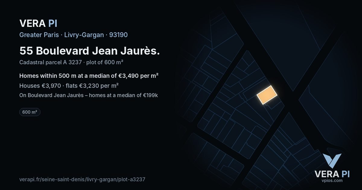 55 Boulevard Jean Jaurès, Livry-Gargan at night – the plot lit, the parcels around coloured by the prices near them