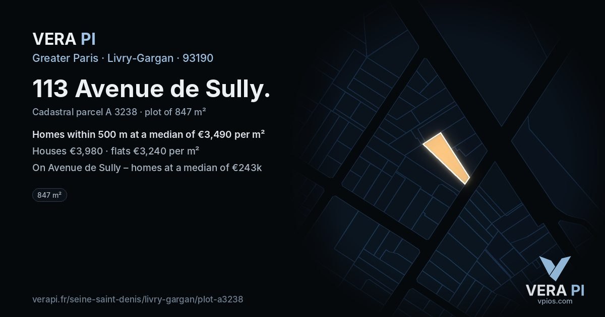 113 Avenue de Sully, Livry-Gargan at night – the plot lit, the parcels around coloured by the prices near them