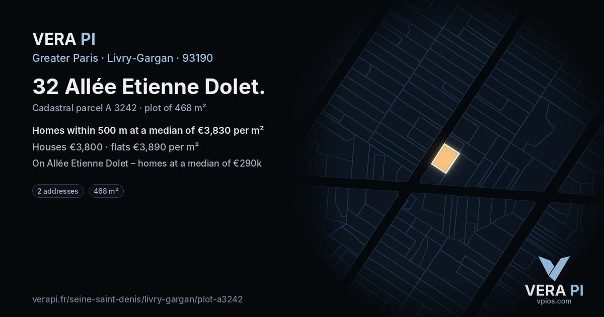 32 Allée Etienne Dolet, Livry-Gargan at night – the plot lit, the parcels around coloured by the prices near them