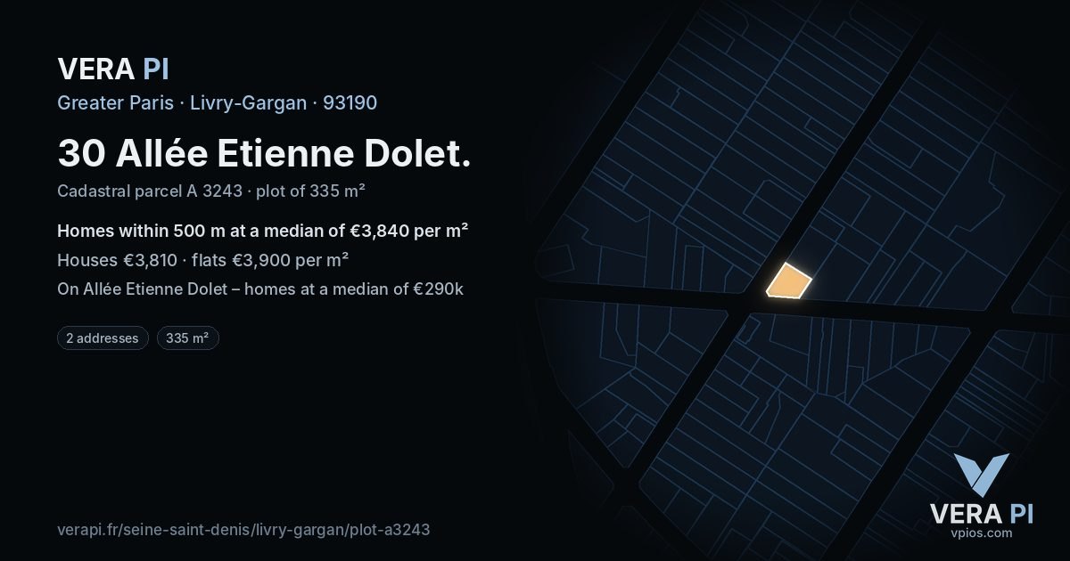 30 Allée Etienne Dolet, Livry-Gargan at night – the plot lit, the parcels around coloured by the prices near them