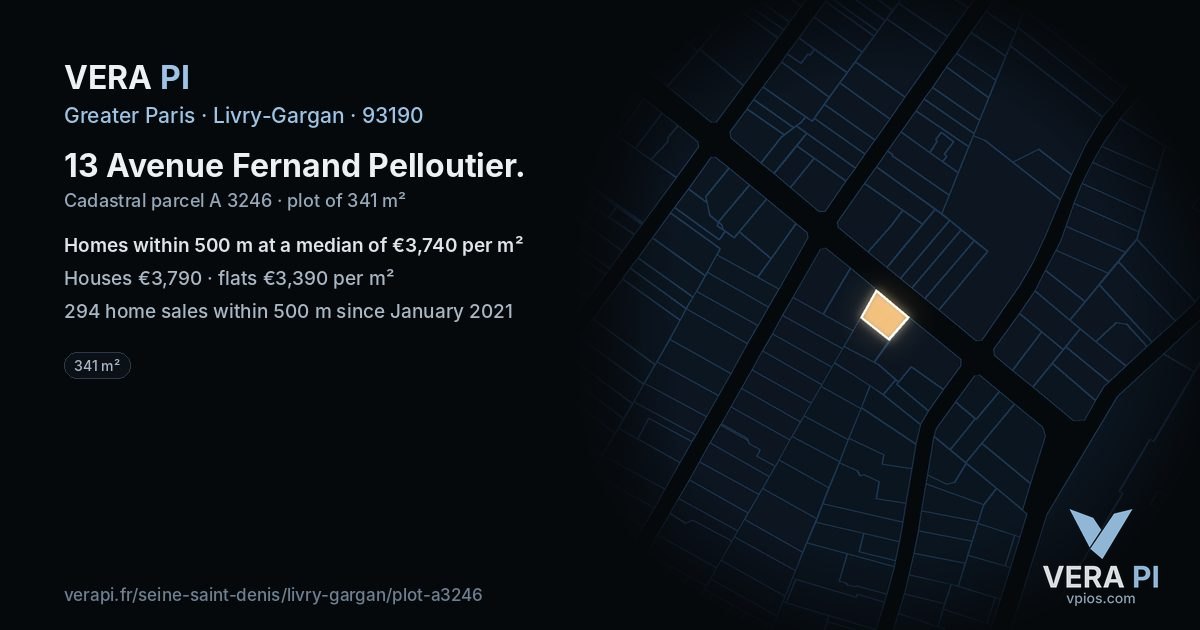 13 Avenue Fernand Pelloutier, Livry-Gargan at night – the plot lit, the parcels around coloured by the prices near them