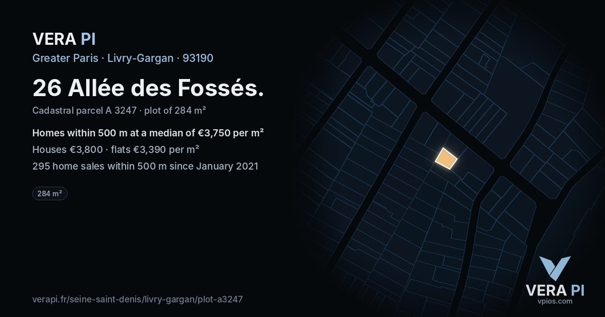 26 Allée des Fossés, Livry-Gargan at night – the plot lit, the parcels around coloured by the prices near them