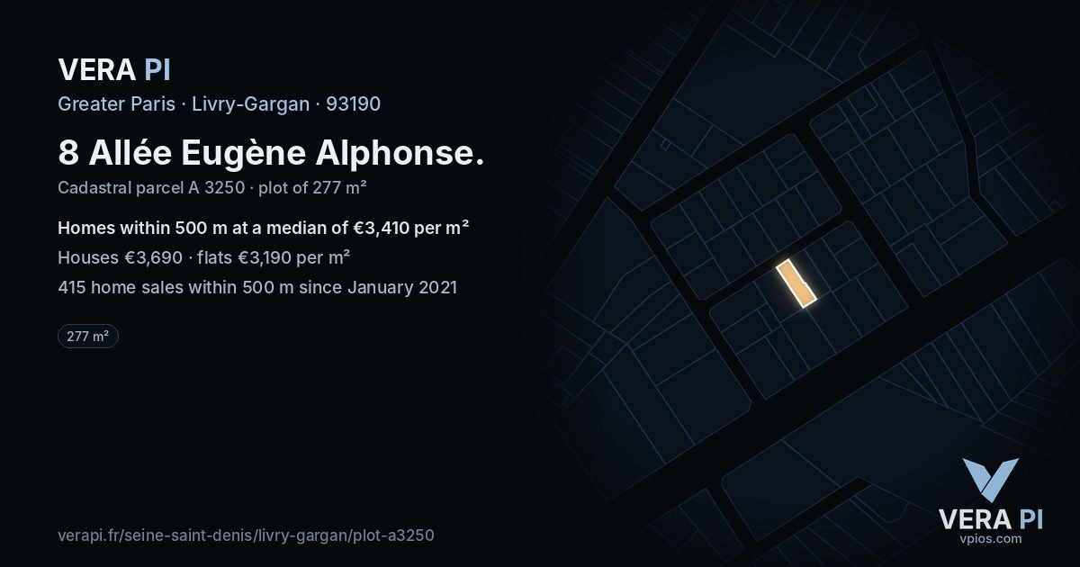 8 Allée Eugène Alphonse, Livry-Gargan at night – the plot lit, the parcels around coloured by the prices near them