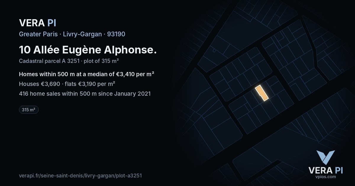 10 Allée Eugène Alphonse, Livry-Gargan at night – the plot lit, the parcels around coloured by the prices near them