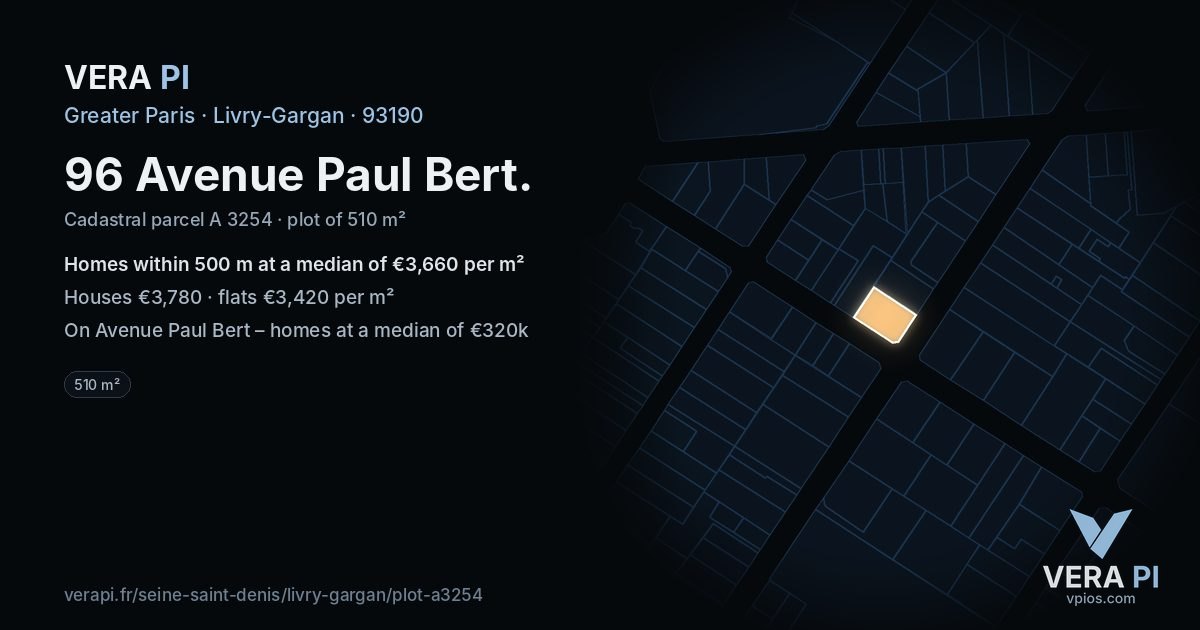 96 Avenue Paul Bert, Livry-Gargan at night – the plot lit, the parcels around coloured by the prices near them