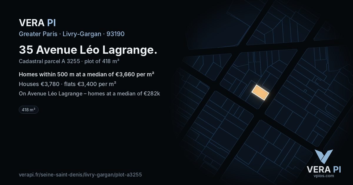35 Avenue Léo Lagrange, Livry-Gargan at night – the plot lit, the parcels around coloured by the prices near them