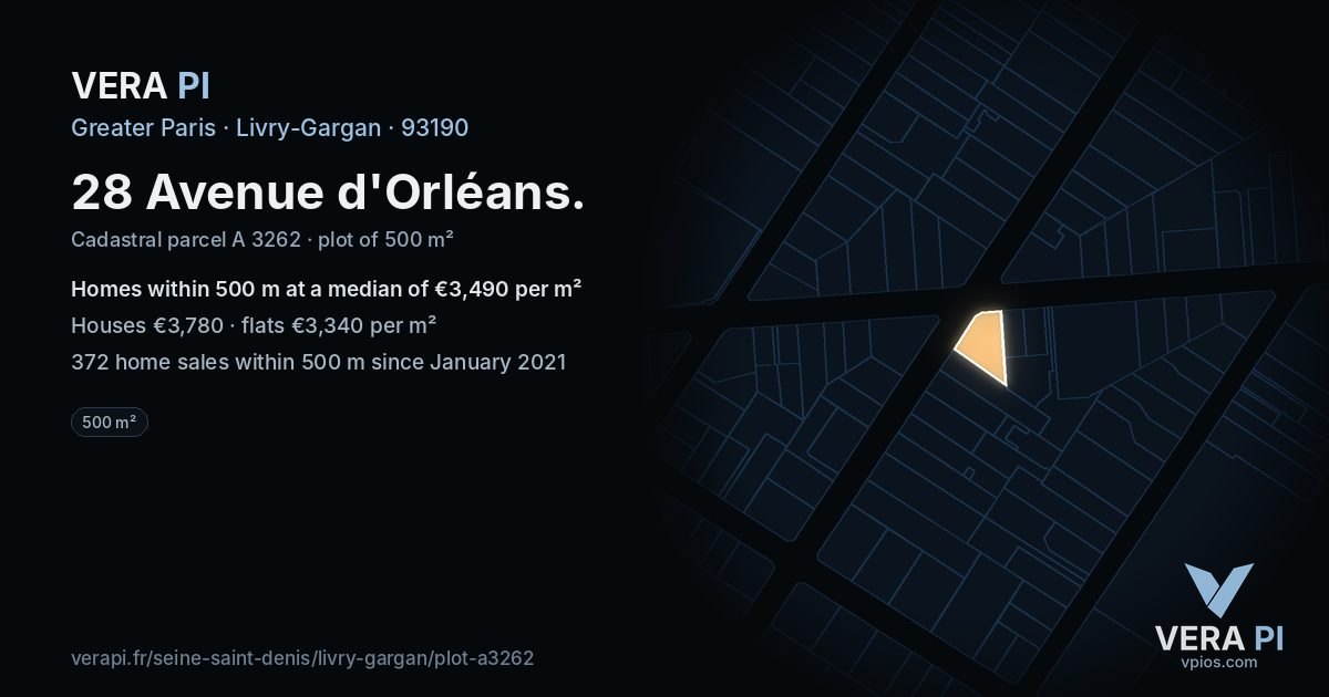 28 Avenue d'Orléans, Livry-Gargan at night – the plot lit, the parcels around coloured by the prices near them