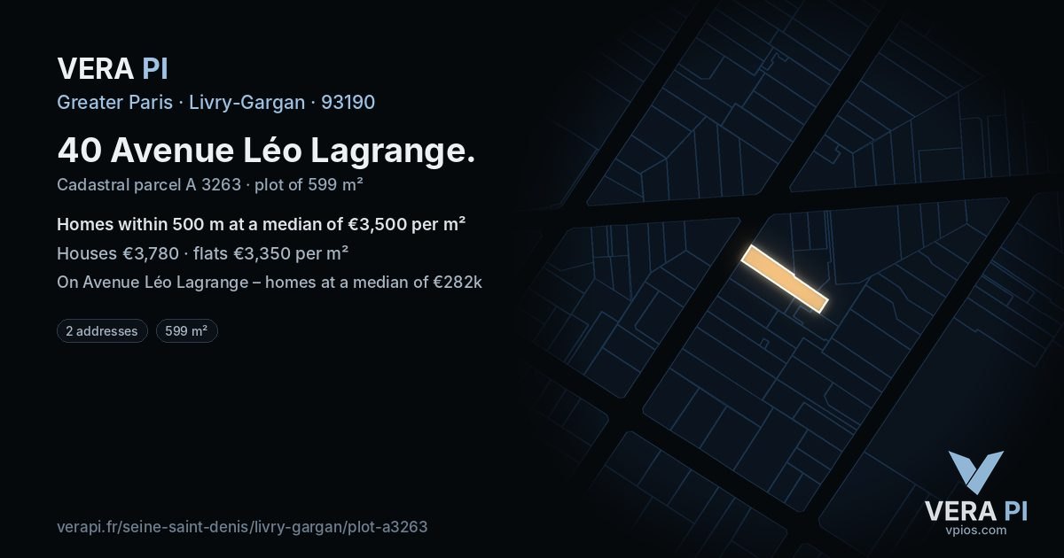 40 Avenue Léo Lagrange, Livry-Gargan at night – the plot lit, the parcels around coloured by the prices near them