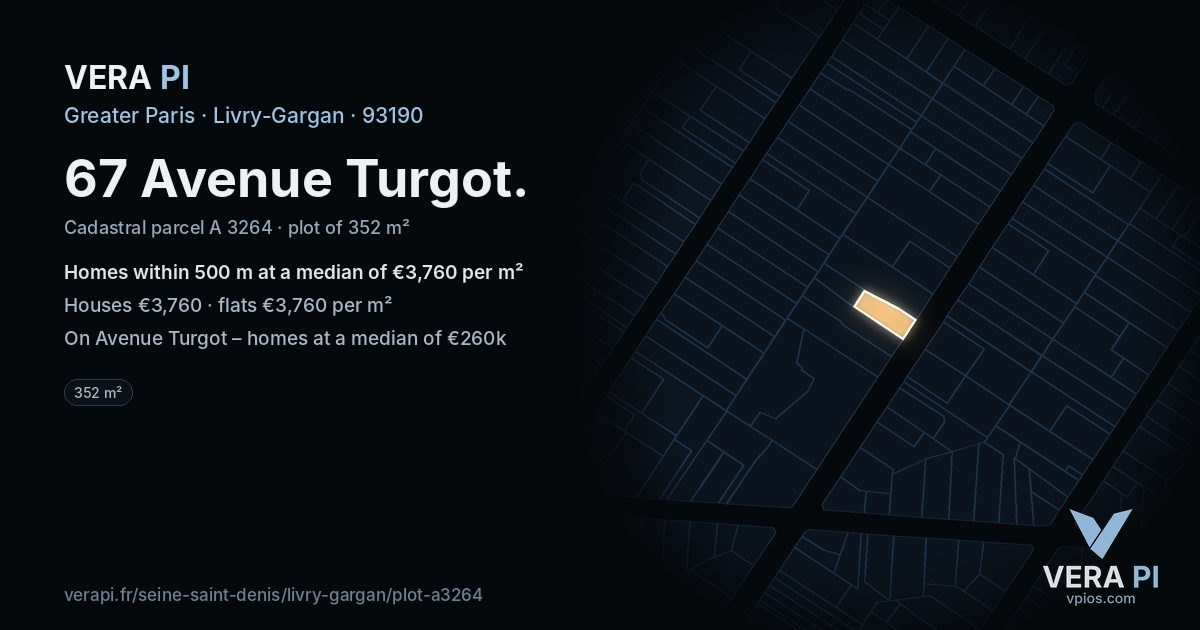 67 Avenue Turgot, Livry-Gargan at night – the plot lit, the parcels around coloured by the prices near them