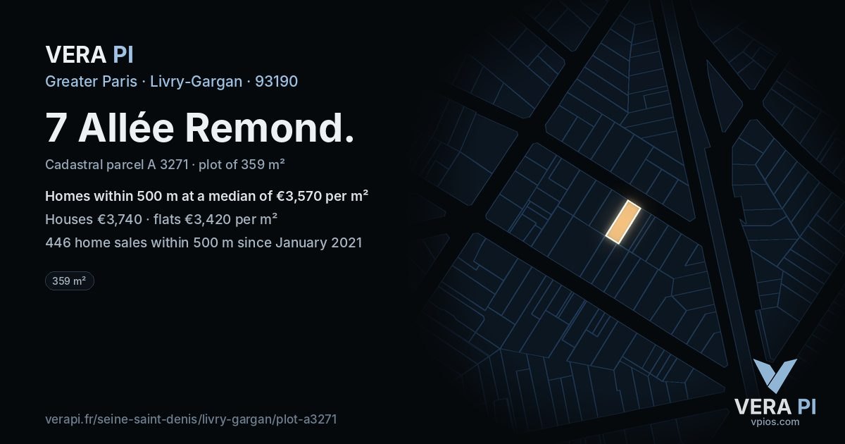 7 Allée Remond, Livry-Gargan at night – the plot lit, the parcels around coloured by the prices near them