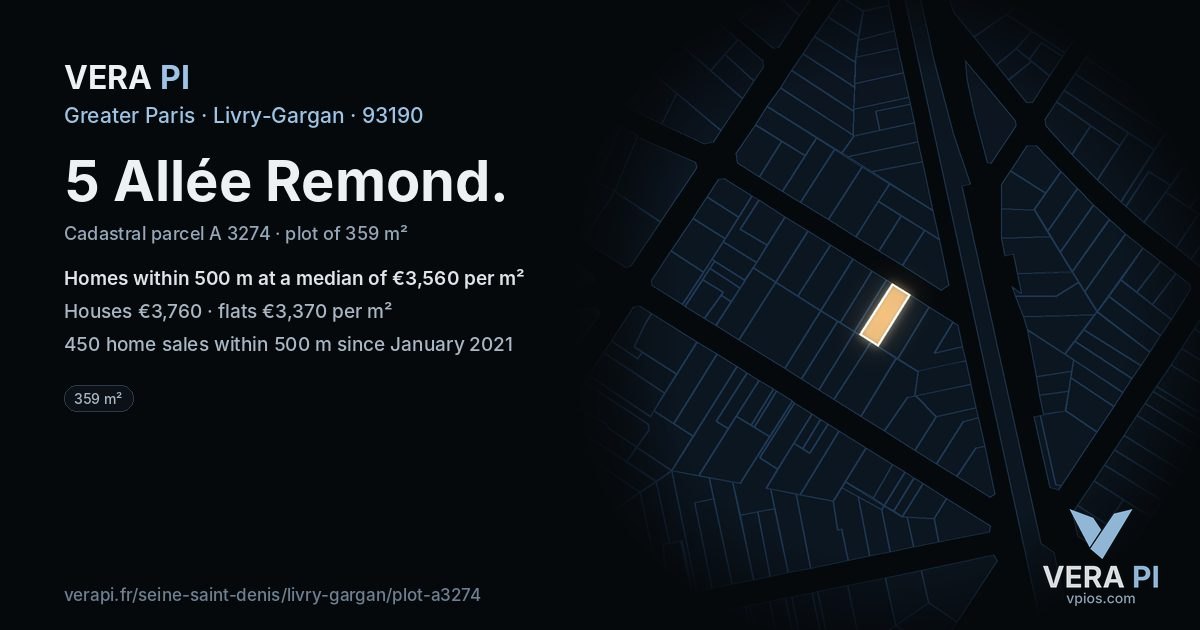 5 Allée Remond, Livry-Gargan at night – the plot lit, the parcels around coloured by the prices near them
