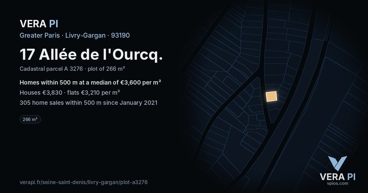 17 Allée de l'Ourcq, Livry-Gargan at night – the plot lit, the parcels around coloured by the prices near them