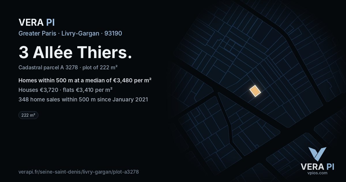 3 Allée Thiers, Livry-Gargan at night – the plot lit, the parcels around coloured by the prices near them