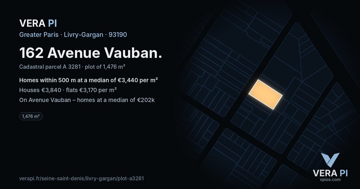 162 Avenue Vauban, Livry-Gargan at night – the plot lit, the parcels around coloured by the prices near them