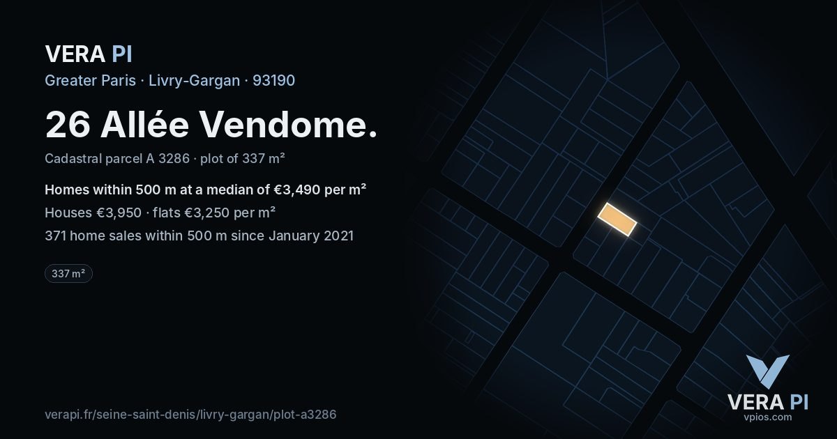 26 Allée Vendome, Livry-Gargan at night – the plot lit, the parcels around coloured by the prices near them