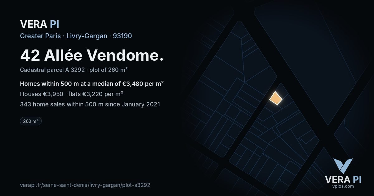 42 Allée Vendome, Livry-Gargan at night – the plot lit, the parcels around coloured by the prices near them