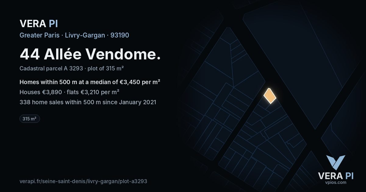 44 Allée Vendome, Livry-Gargan at night – the plot lit, the parcels around coloured by the prices near them