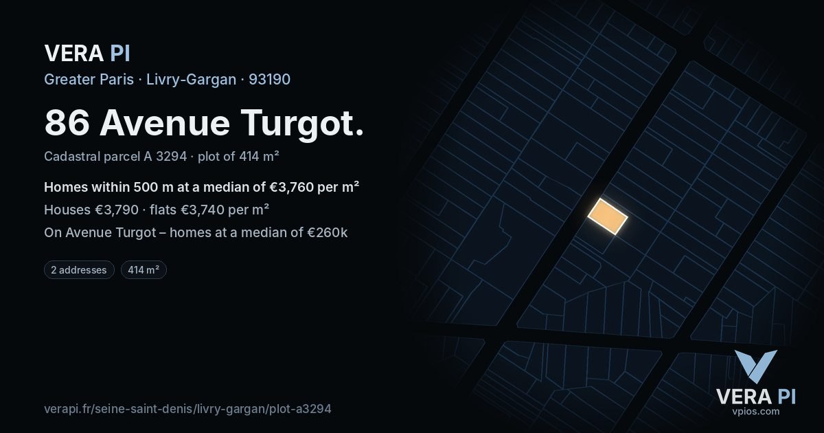 86 Avenue Turgot, Livry-Gargan at night – the plot lit, the parcels around coloured by the prices near them