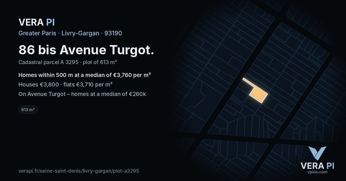 86 bis Avenue Turgot, Livry-Gargan at night – the plot lit, the parcels around coloured by the prices near them