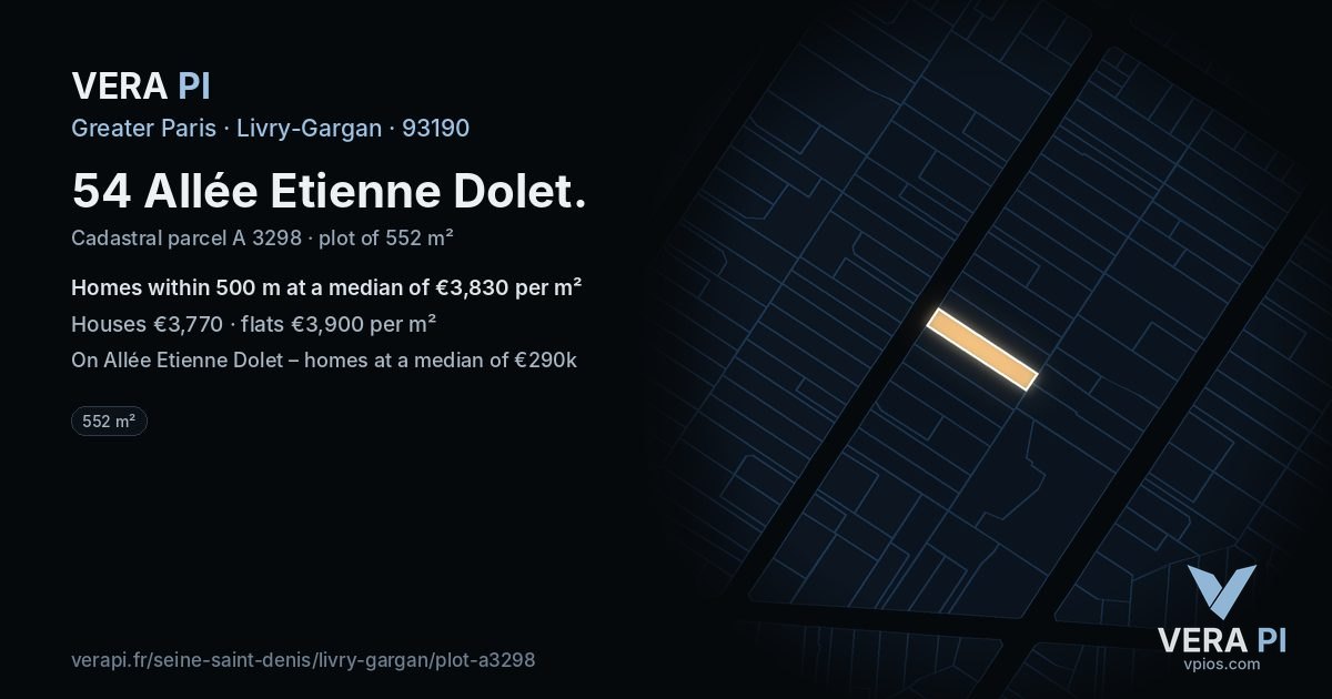 54 Allée Etienne Dolet, Livry-Gargan at night – the plot lit, the parcels around coloured by the prices near them