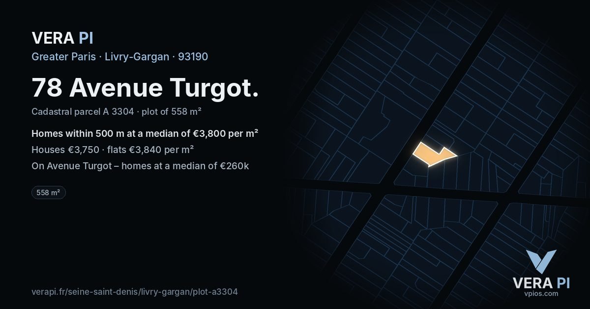 78 Avenue Turgot, Livry-Gargan at night – the plot lit, the parcels around coloured by the prices near them