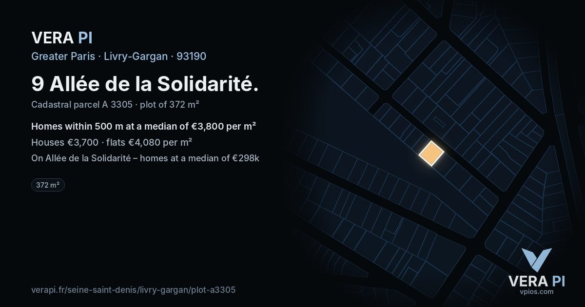 9 Allée de la Solidarité, Livry-Gargan at night – the plot lit, the parcels around coloured by the prices near them