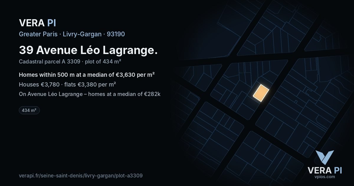39 Avenue Léo Lagrange, Livry-Gargan at night – the plot lit, the parcels around coloured by the prices near them
