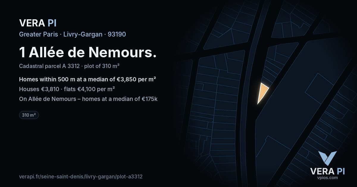 1 Allée de Nemours, Livry-Gargan at night – the plot lit, the parcels around coloured by the prices near them