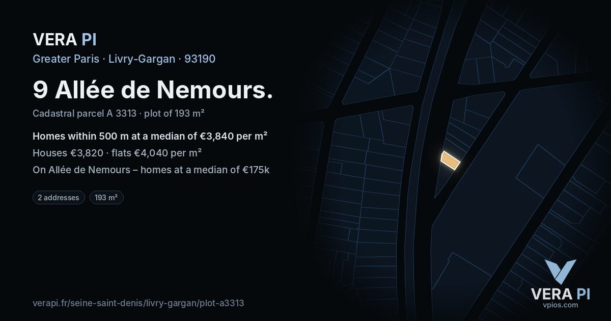 9 Allée de Nemours, Livry-Gargan at night – the plot lit, the parcels around coloured by the prices near them