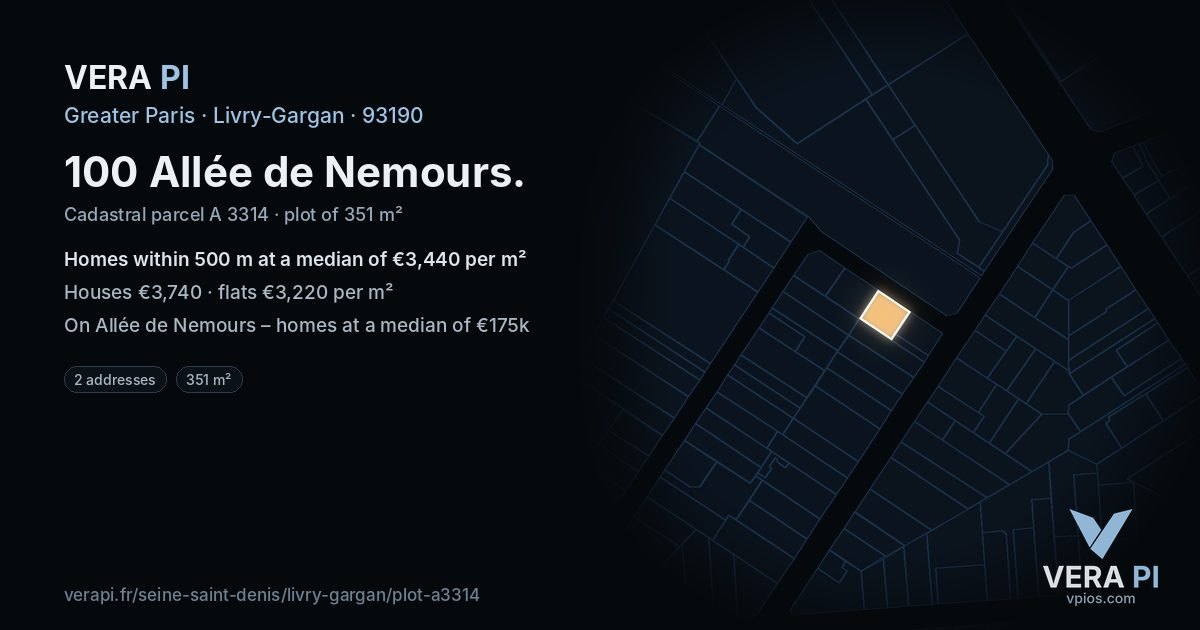100 Allée de Nemours, Livry-Gargan at night – the plot lit, the parcels around coloured by the prices near them