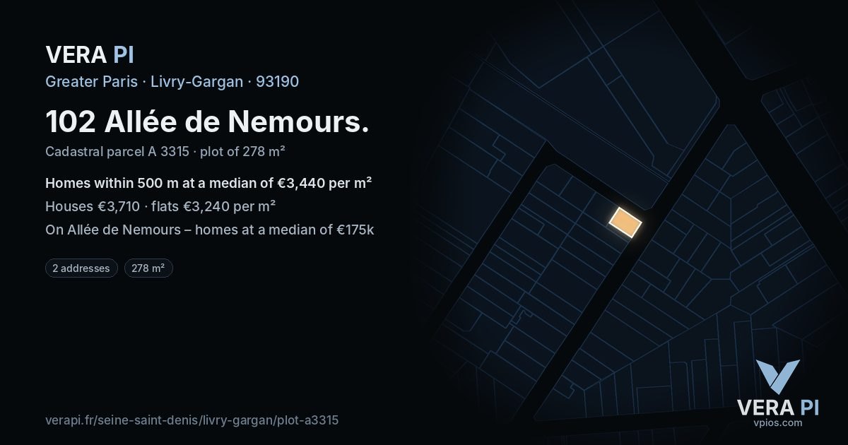 102 Allée de Nemours, Livry-Gargan at night – the plot lit, the parcels around coloured by the prices near them