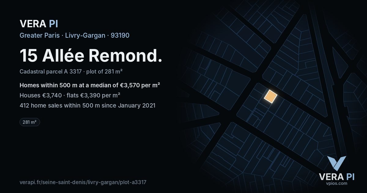15 Allée Remond, Livry-Gargan at night – the plot lit, the parcels around coloured by the prices near them